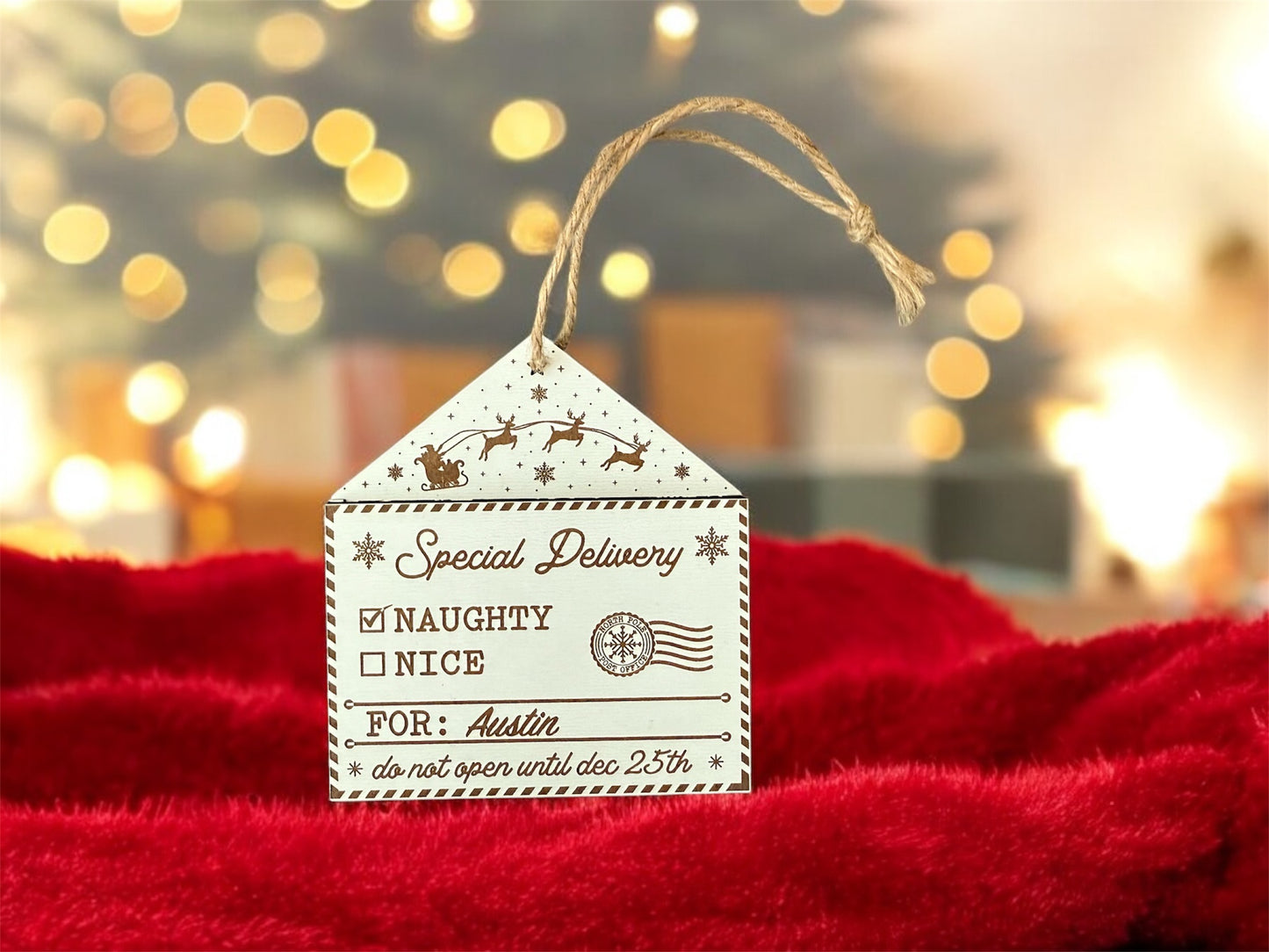"Special Delivery - Naughty or Nice" Personalized Ornament with Gift Bag